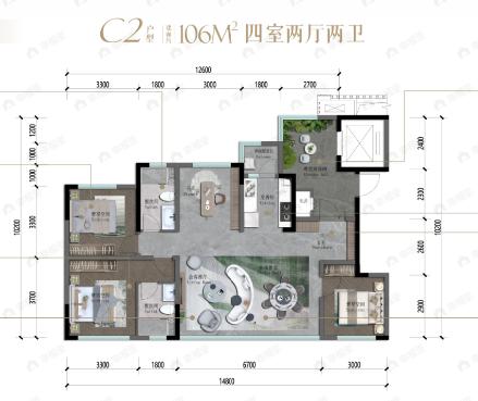 4室2厅2卫建面106平户型图