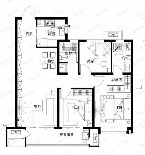 3室2厅2卫建面110m²北|南户型图