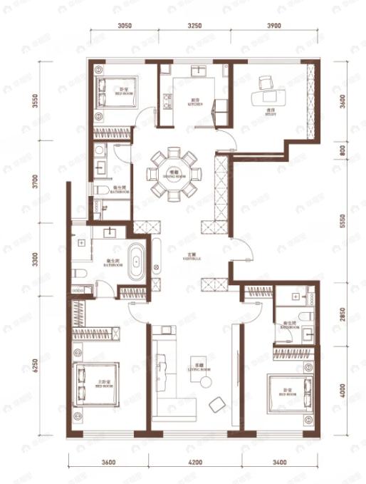 4室2厅3卫建面203平户型图