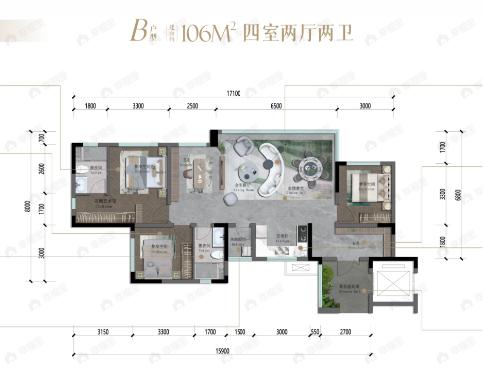 正黄尧顺·锦绣潮鸣4室2厅2卫户型图