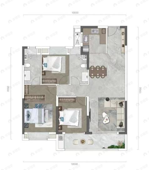 中建壹品汉芯公馆3室2厅2卫户型图
