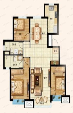 3室2厅2卫建面124平户型图