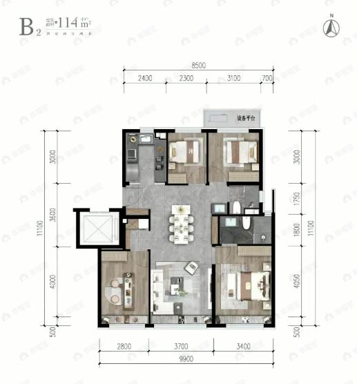 4室2厅2卫建面114平户型图