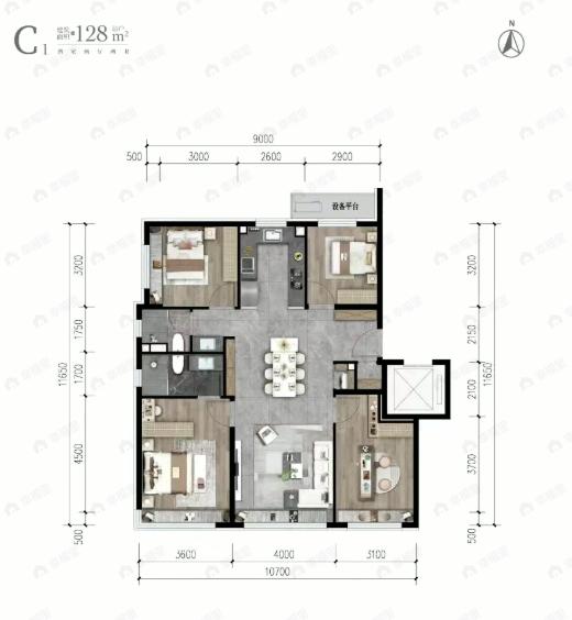 4室2厅2卫建面128平undefined户型图