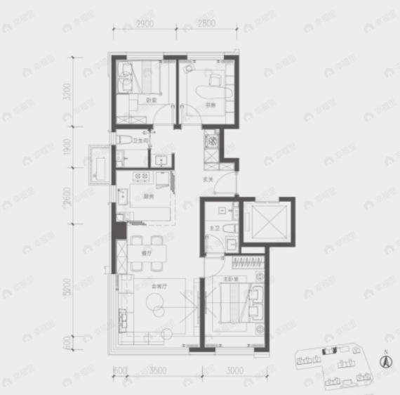 3室2厅2卫建面98m²南|北户型图