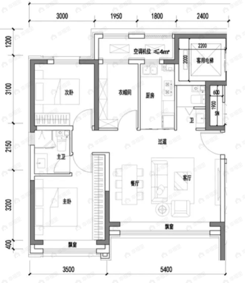3室2厅2卫建面89平户型图