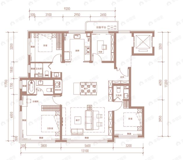 4室2厅3卫建面143平北|南户型图