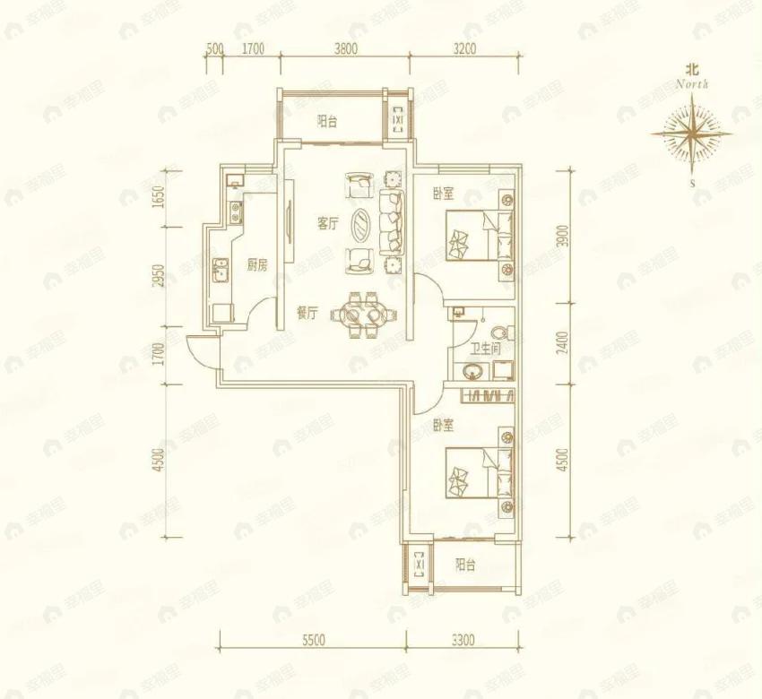 2室2厅1卫建面105平户型图