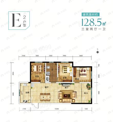3室2厅1卫建面128平户型图