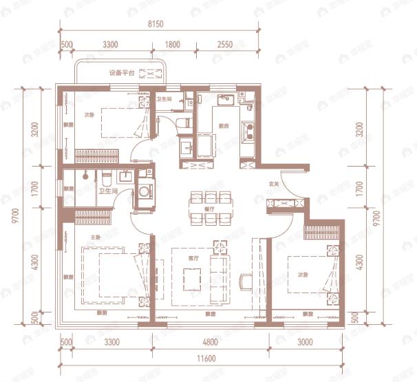 3室2厅2卫建面111平户型图