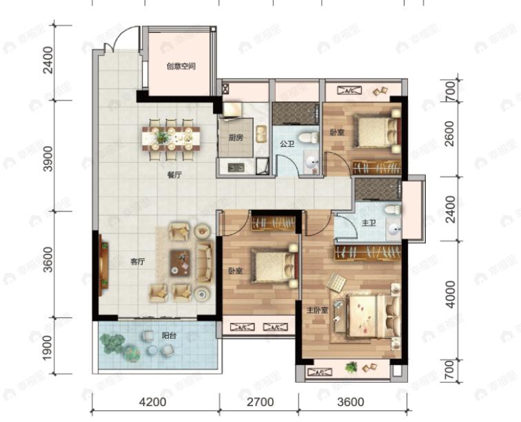 3室2厅2卫建面115m²南户型图