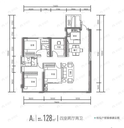 4室2厅2卫建面128平南|北户型图