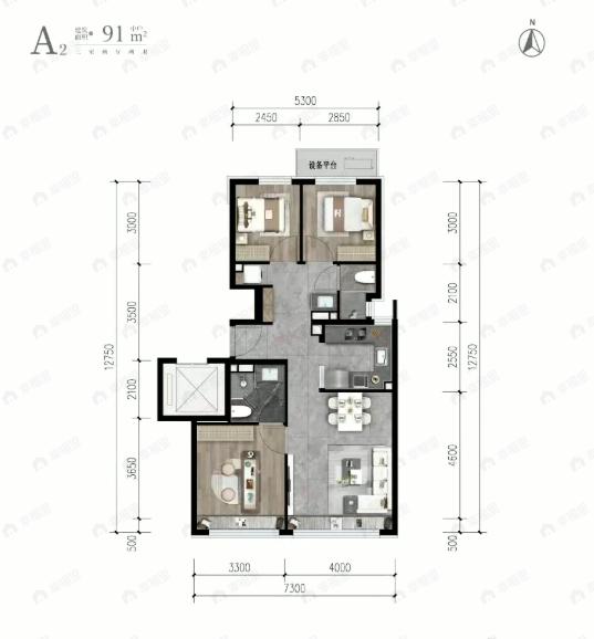 3室2厅2卫建面91平户型图