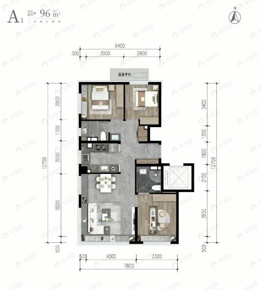 3室2厅2卫建面96平undefined户型图