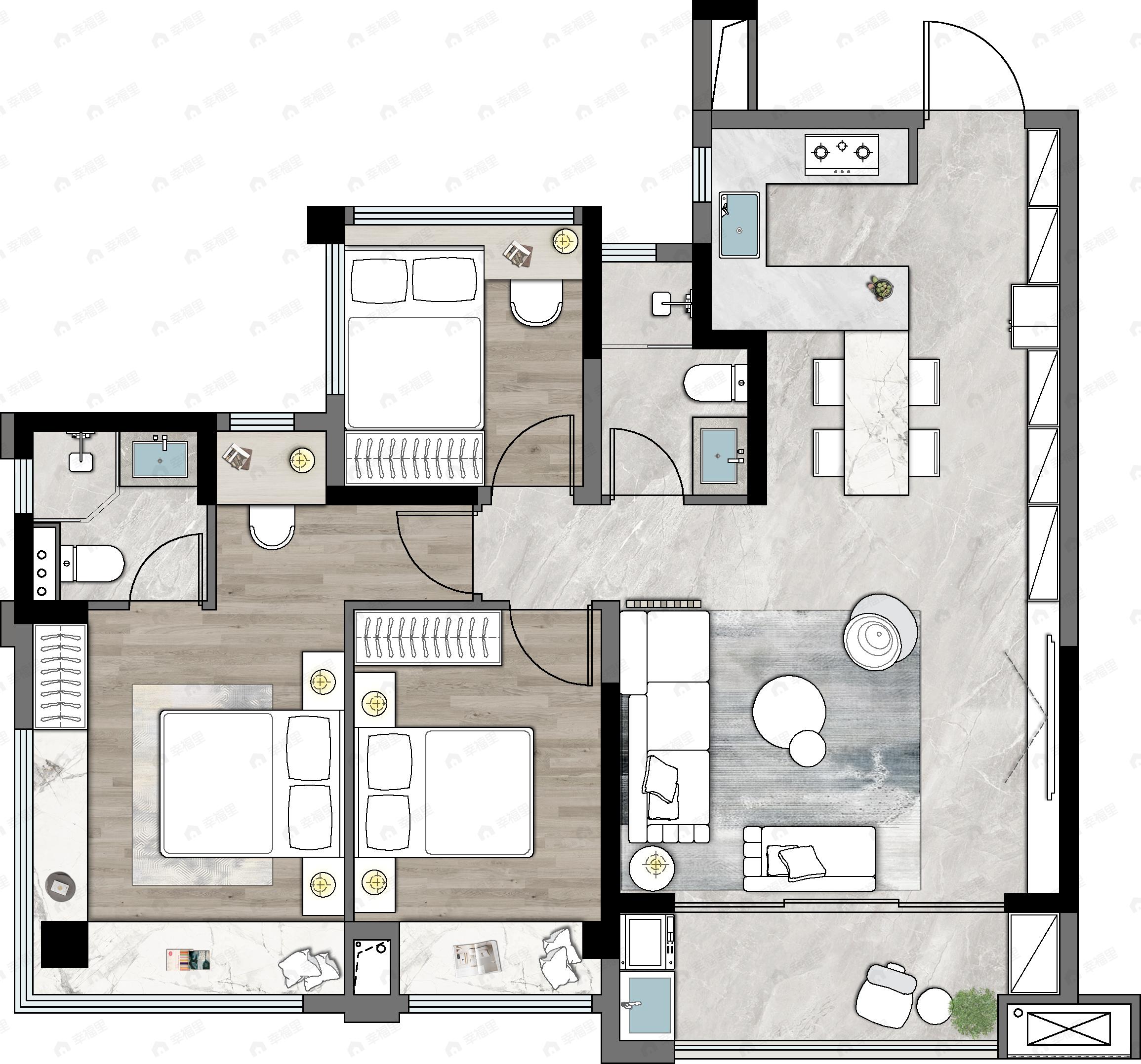 3室2厅2卫建面95m²户型图