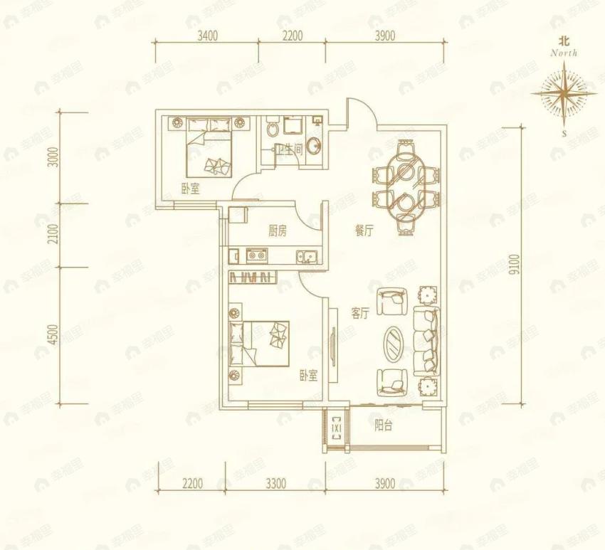 城市花园-园中园2室2厅1卫户型图