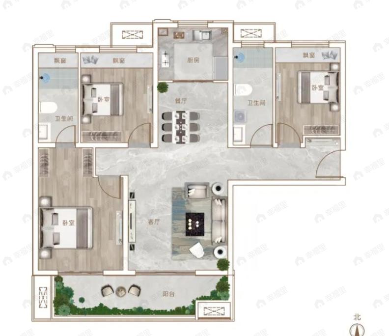 华清源中州学府3室2厅2卫户型图