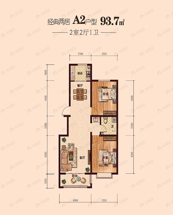 2室2厅1卫建面93平户型图