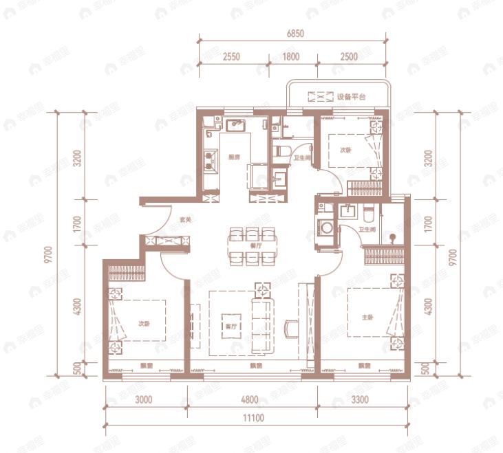 3室2厅2卫建面111平北|南户型图
