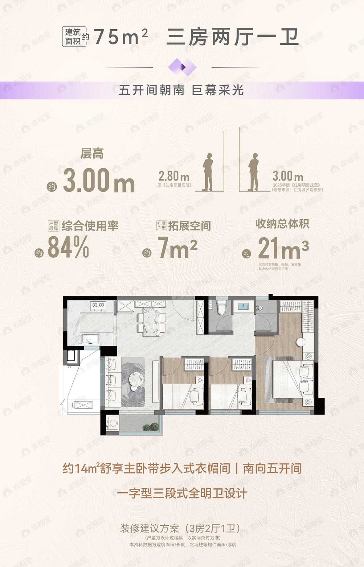 联发环岛新澍3室2厅1卫户型图
