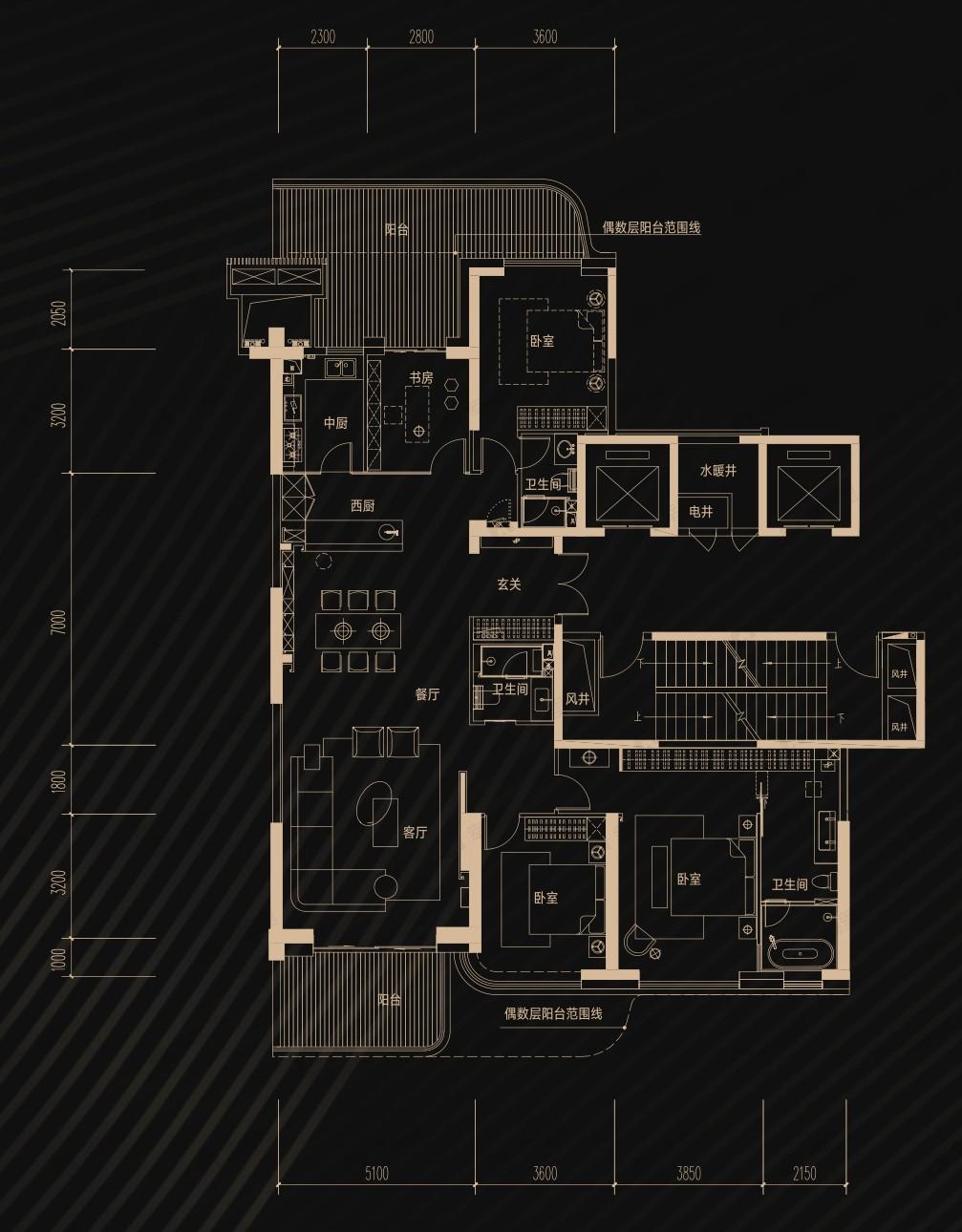 4室2厅3卫建面221平南|北户型图
