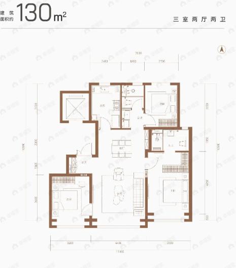 3室2厅2卫建面130m²户型图