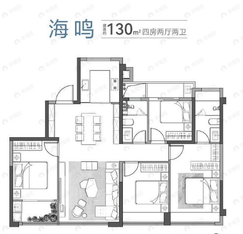 4室2厅2卫建面130m²南户型图