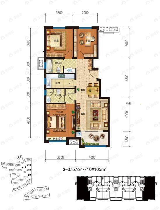 3室2厅1卫建面104平户型图