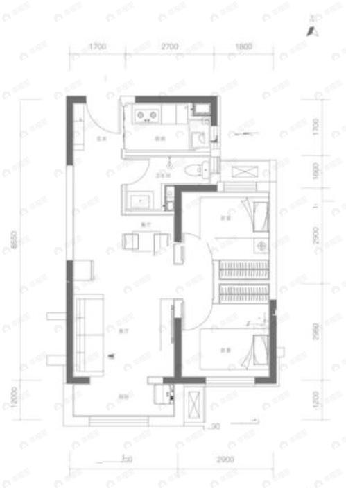 2室2厅1卫建面71平东|南|北户型图