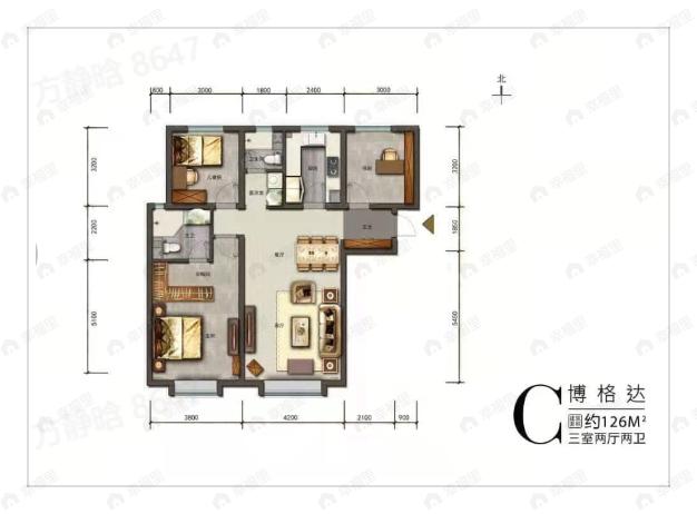 3室2厅2卫建面128平户型图
