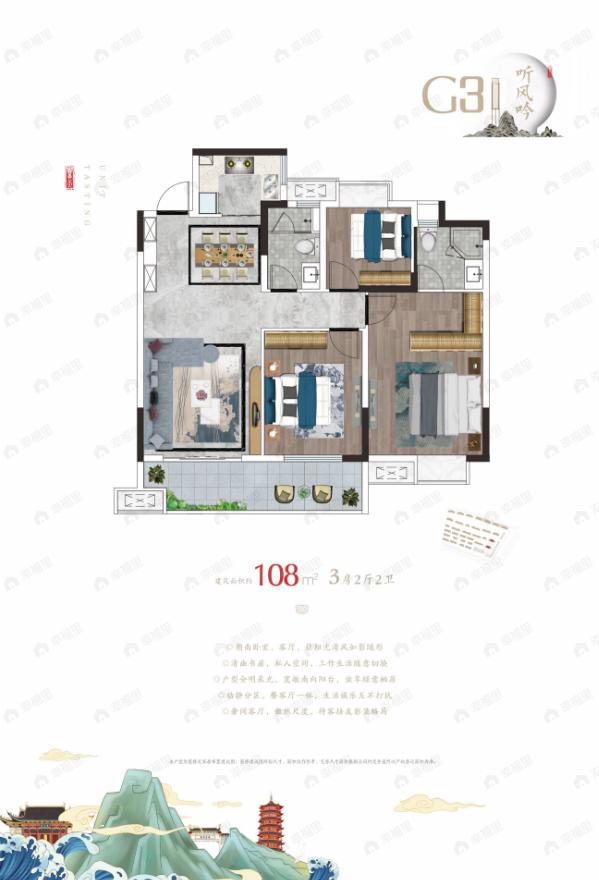3室2厅2卫建面108平户型图