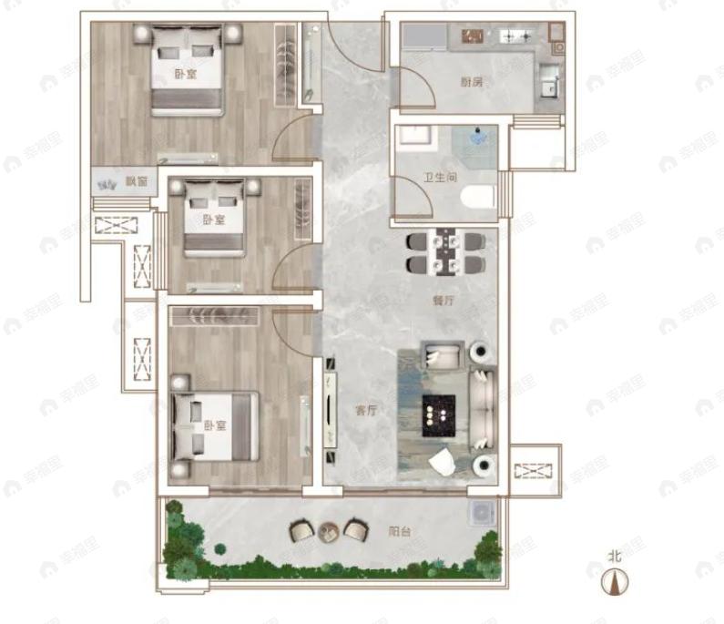华清源中州学府3室2厅1卫户型图