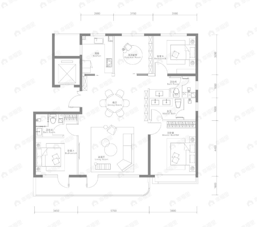 4室2厅3卫建面165平北|南户型图