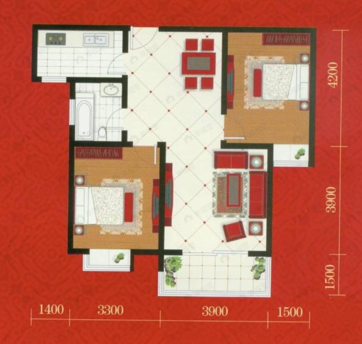 2室2厅1卫建面89m²南户型图