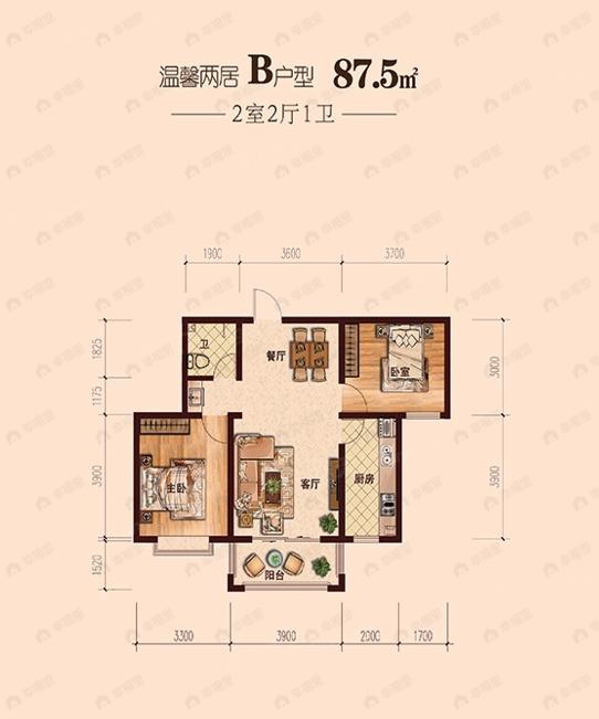 2室2厅1卫建面88平户型图