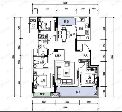 3室2厅2卫建面125m²户型图