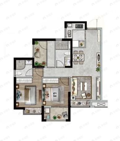 2室2厅2卫建面89m²南|北户型图