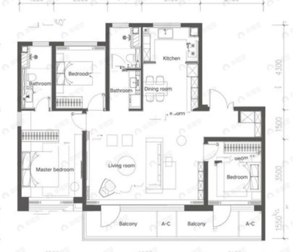 体北金茂府3室2厅2卫户型图