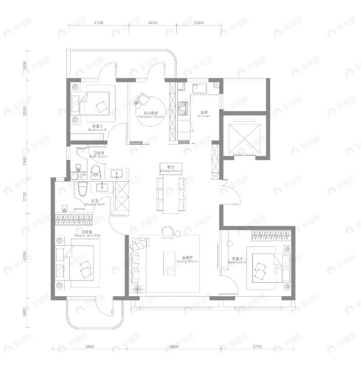 4室2厅2卫建面142平户型图