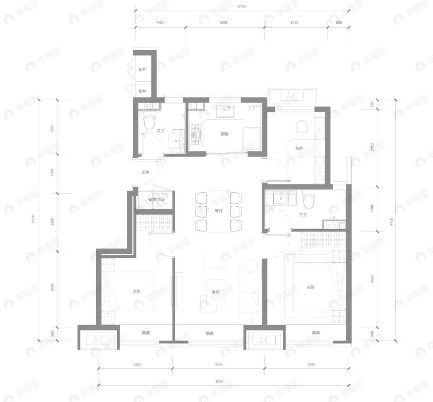 3室2厅2卫建面89平南|北户型图