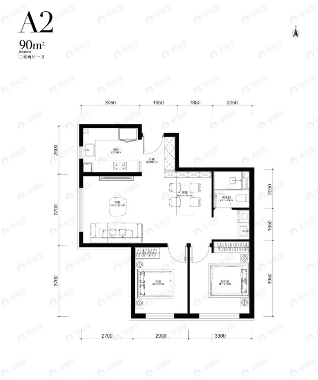2室2厅1卫建面90m²户型图
