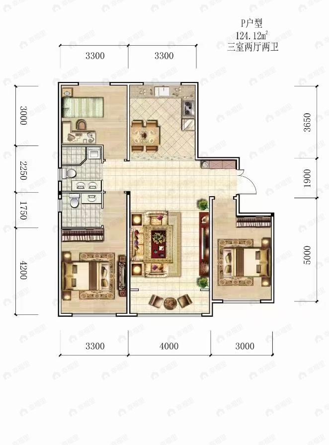 3室2厅2卫建面124平户型图