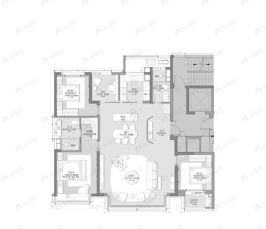 4室2厅2卫建面168m²南户型图
