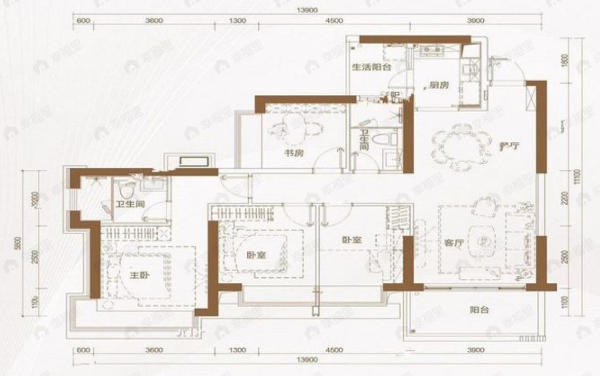 4室2厅2卫建面136平南户型图