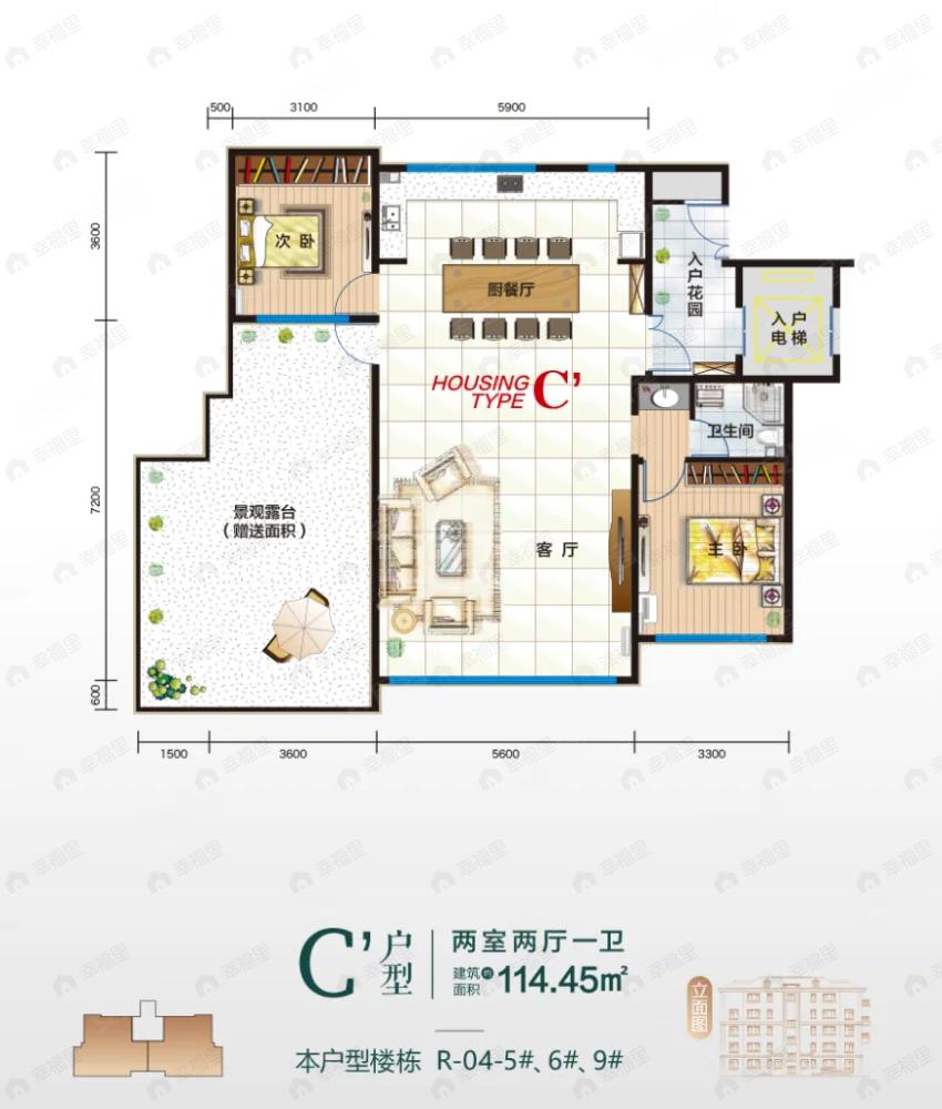 2室2厅1卫建面114平南户型图