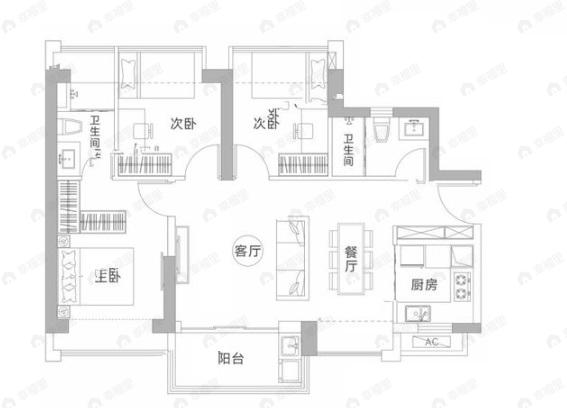 深物业澜湖时代3室2厅2卫户型图